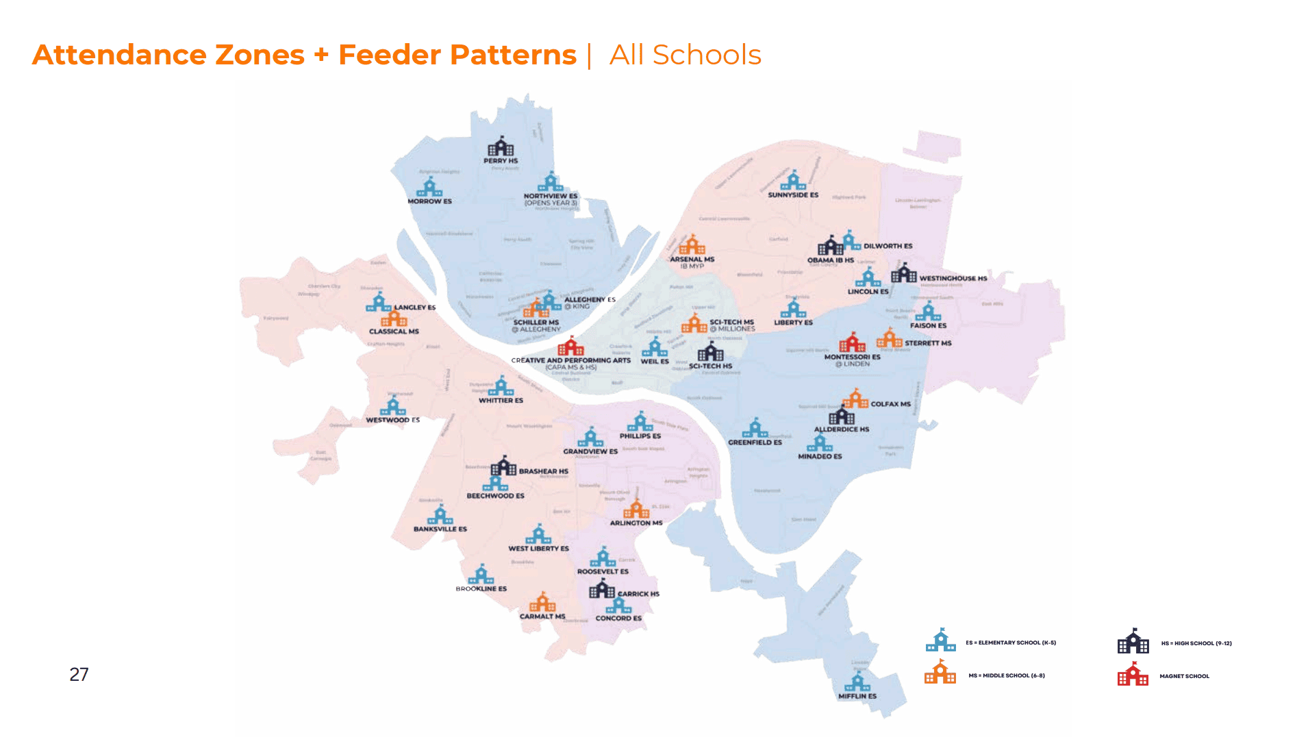 A map of Proposed new schools and attendance zones.