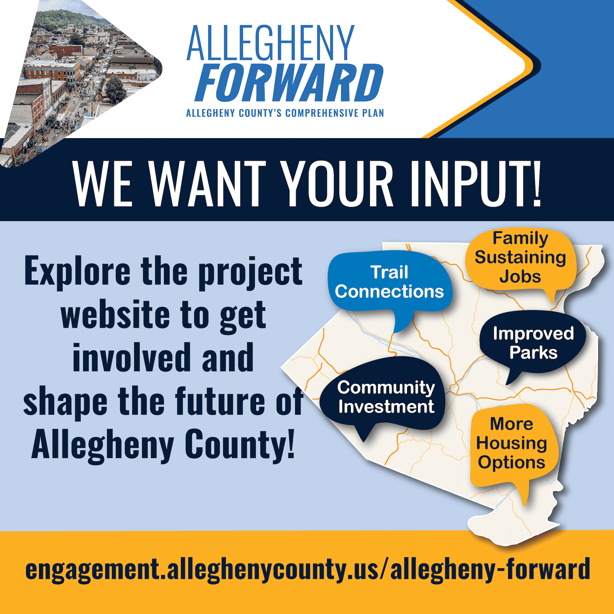Allegheny forward flyer says in large print We want your input.