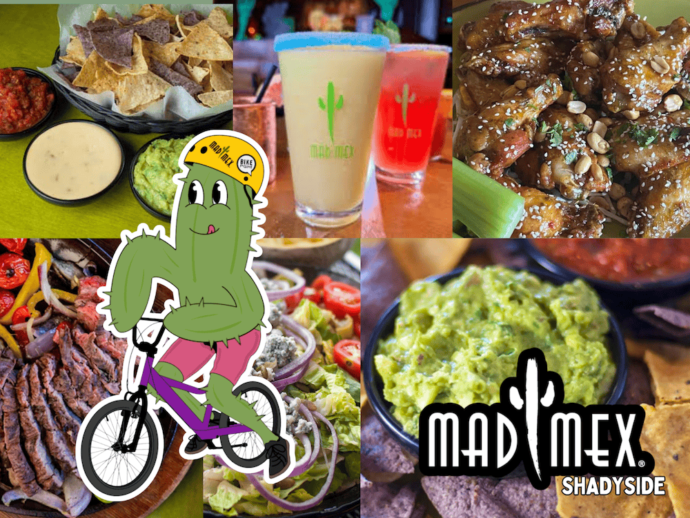 A collage of delicious foods from Mad Mex, including chips and guacamole, wings, fajitas, margaritas, and salad.