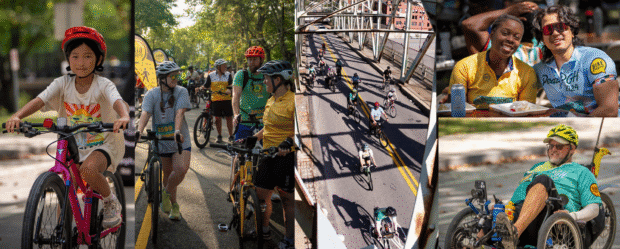 A banner image promoting PedalPGH, with people of all ages and abilities cycling and smiling
