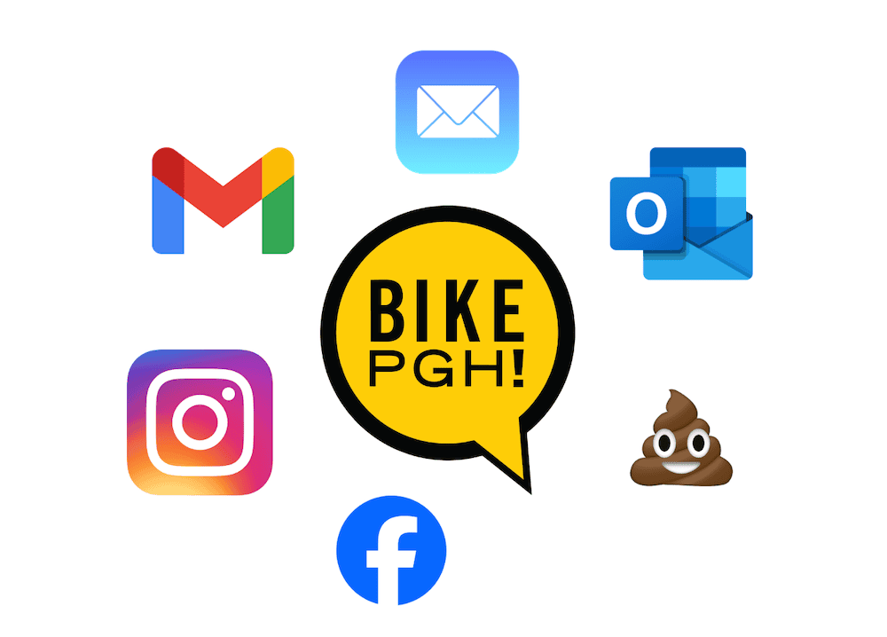 Logo collage of the following logos: BikePGH, gmail, outlook, facebook, apple mail, instagram