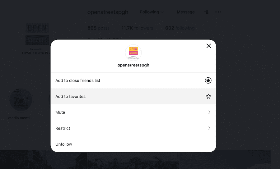 screencap of how to add to favorites on instagram