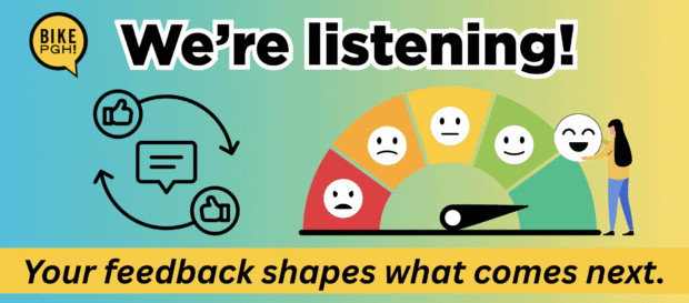 An infographic "We're Listening!" with the BikePGH logo and a little graphic with a thumbs up and a thumbs down arrow to depict a feedback loop.