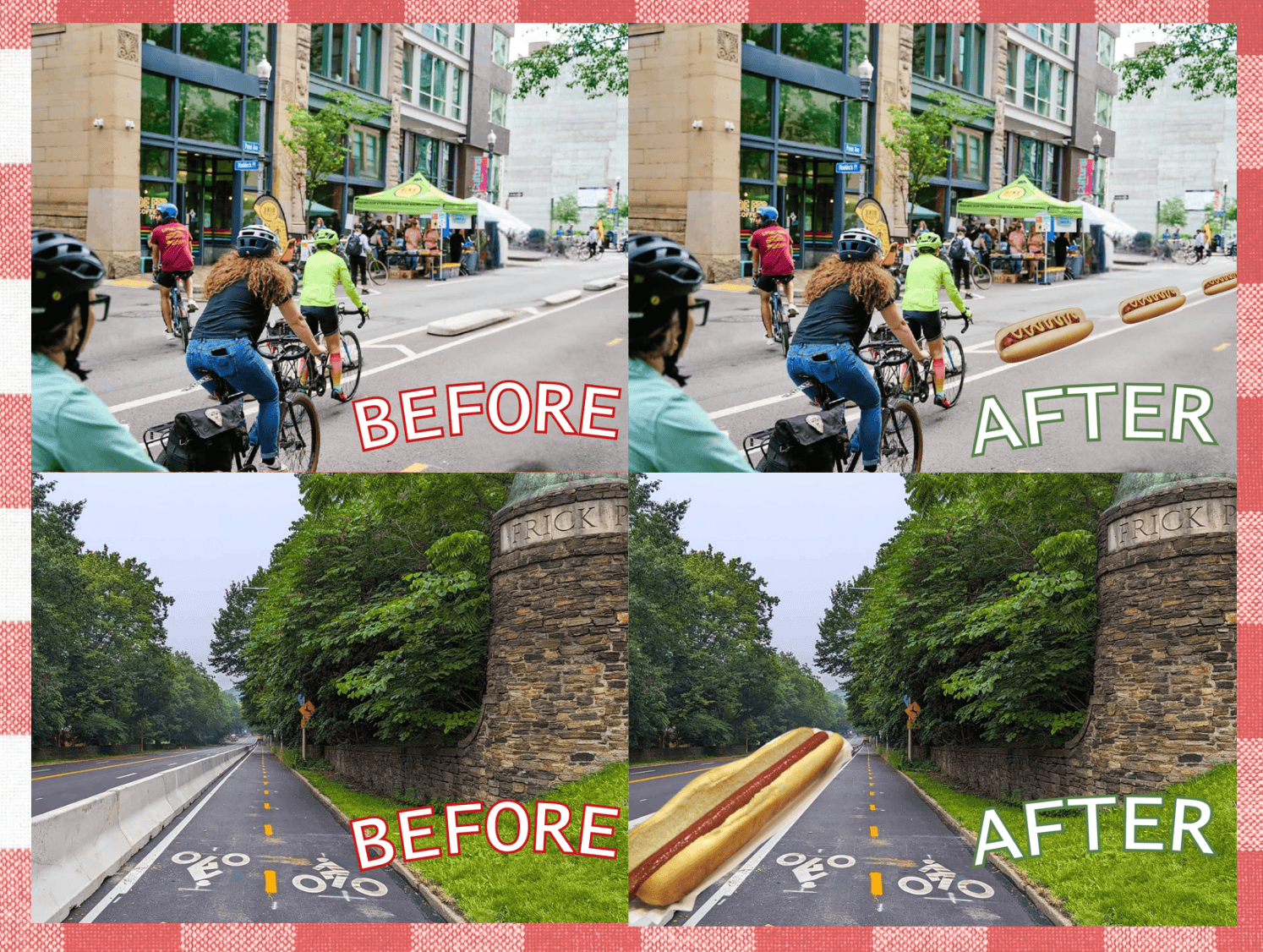 A funny Before and After photo of bike lanes in Pittsburgh with overlays of giant hot dogs