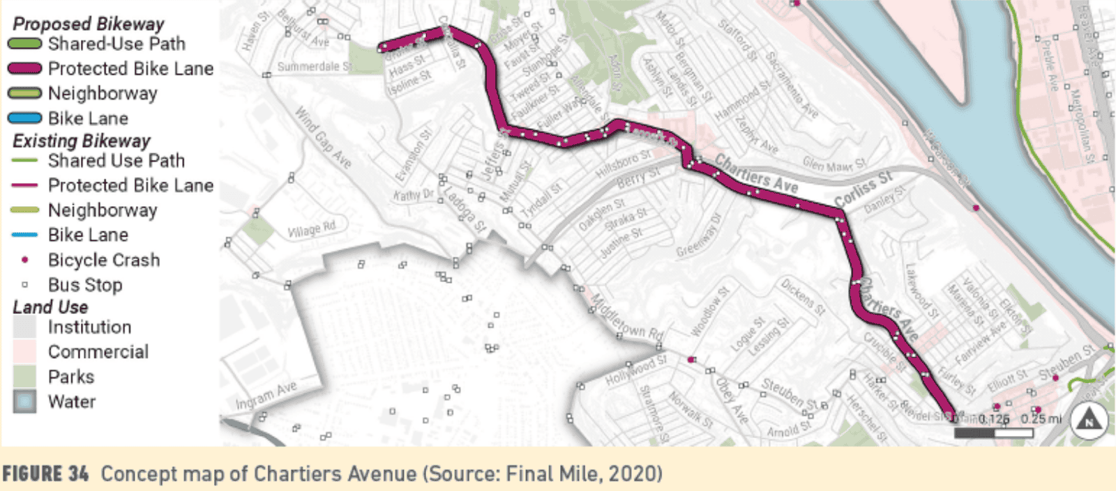 Image of a map of the region showing a protected bike lane along Chartiers Ave from Steuben St to Middletown Rd