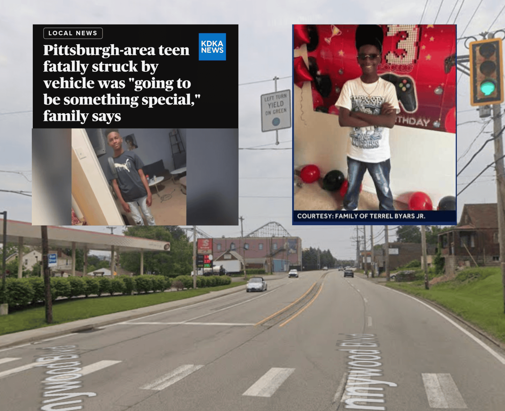 A photo collage of Kennywood Blvd and two news headline photos of Terrel. 
