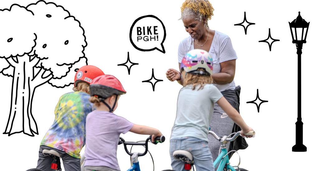 A coloring page of kids on bikes with a hand drawn BikePGH logo, tree, and stars