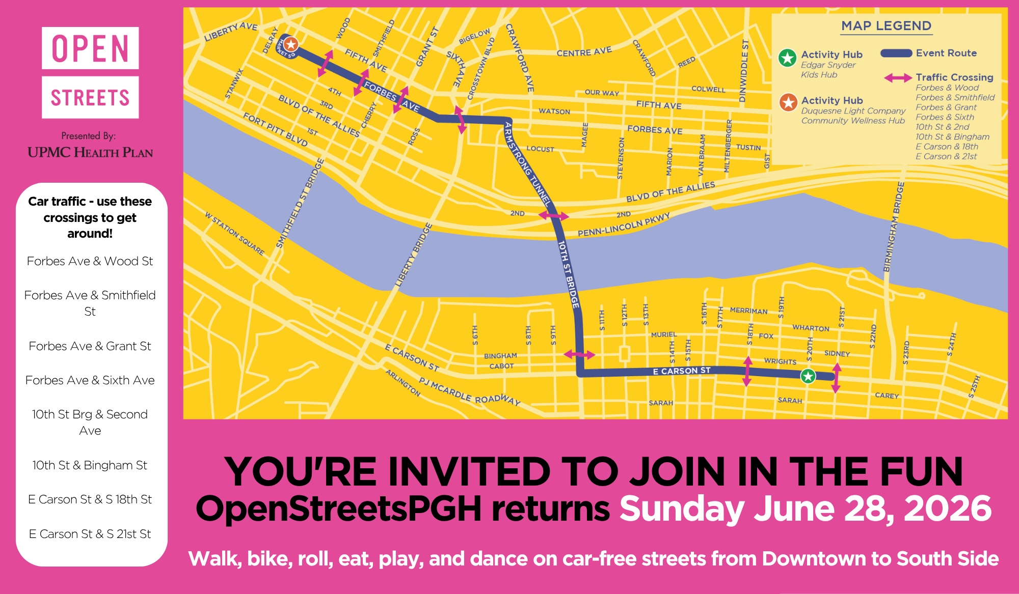 An image postcard that says "You're invited to join in the fun - OpenStreetsPGH returns on Sun. Jun. 28, 2026"