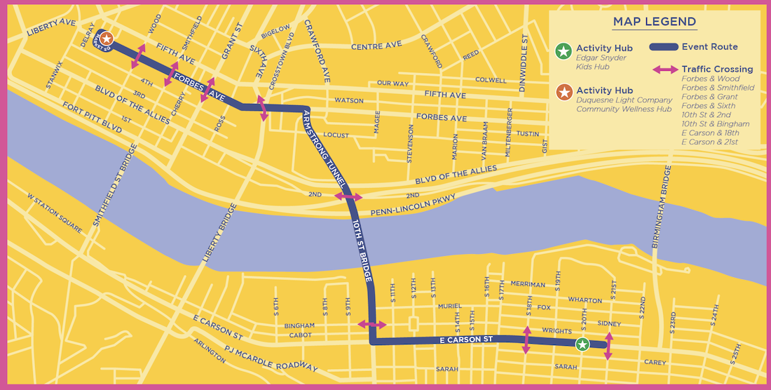 The June Route map, showing the route from Market Square, down forbes ave, thru the Armstrong tunnel, and across the 20th St bridge to E Carson St in South Side,. 
