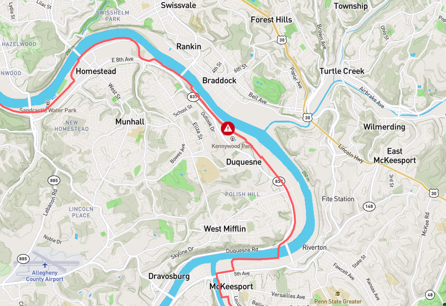 A map of the GAP trail closure. A red line marks the trail, and a red exclamation point marks the closure point, near Kennywood park in West Mifflin. 