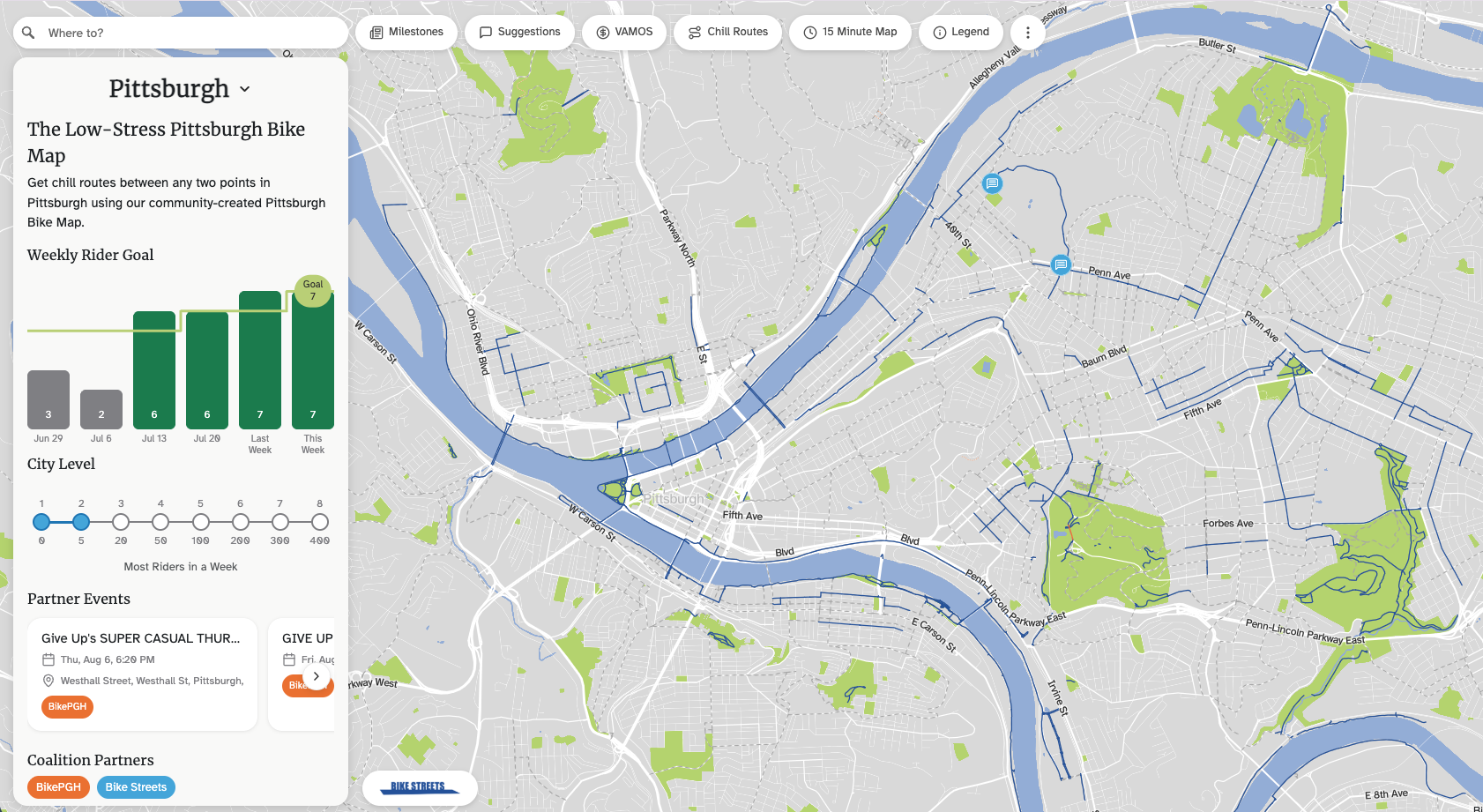 A screenshot showing the bike streets map and app