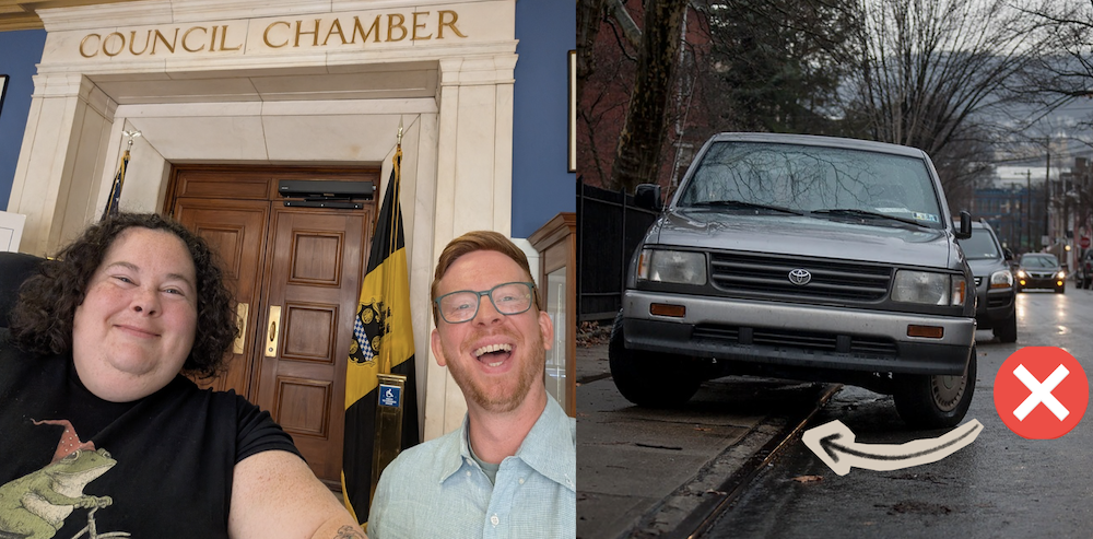Alisa Grishman (ACCESS Mob Pittsburgh) and Seth Bush (BikePGH) take a smiling selfie outside of Pittsburgh City Council Chamber doors - this photo is places next to a photo of a car parked on a sidewalk and blocking the sidewalk at dusk in Pittsburgh's Lawrenceville neighborhood.