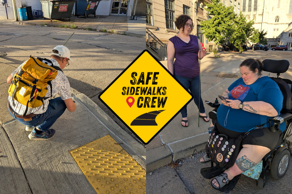 The Safe Sidewalks Crew yellow sign logo over a collage of people surveying sidewalks including someone in a wheelchair and someone crouching at a curb ramp.