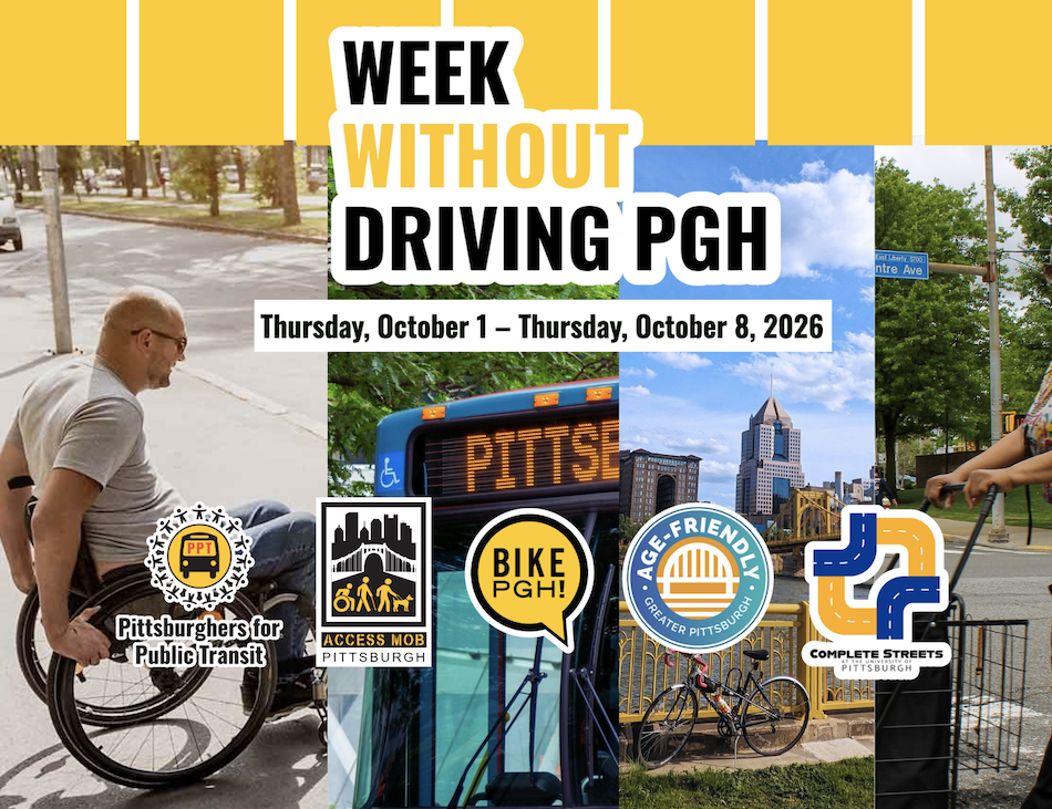 A collage for Week Without Driving PGH that shows a person using a wheelchair and getting onto an ACCESS shuttle, a person walking across an intersection pushing a grocery cart, a bike in front of the city skyline, and a public bus.