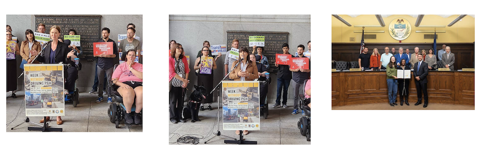 A photo collage from the Week Without Driving 2025 event recap featuring elected officials speaking at the Press Conference podium at the City-County Building steps with advocates holding signs behind them, and a third photo of a group of advocates being presented a proclamation. 