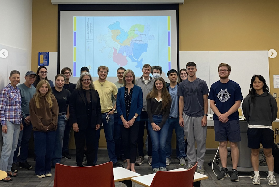 A group photo of Complete Streets at Pitt students with Councilwoman Strassburger and Councilwoman Gross joining the weekly meeting to discuss driving alternatives.